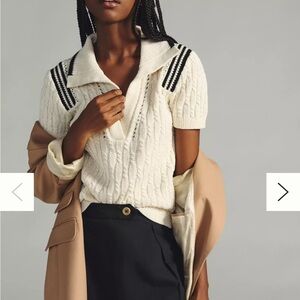 MAEVE Anthropologie V-Neck Cable-Knit Polo Sweater Tee